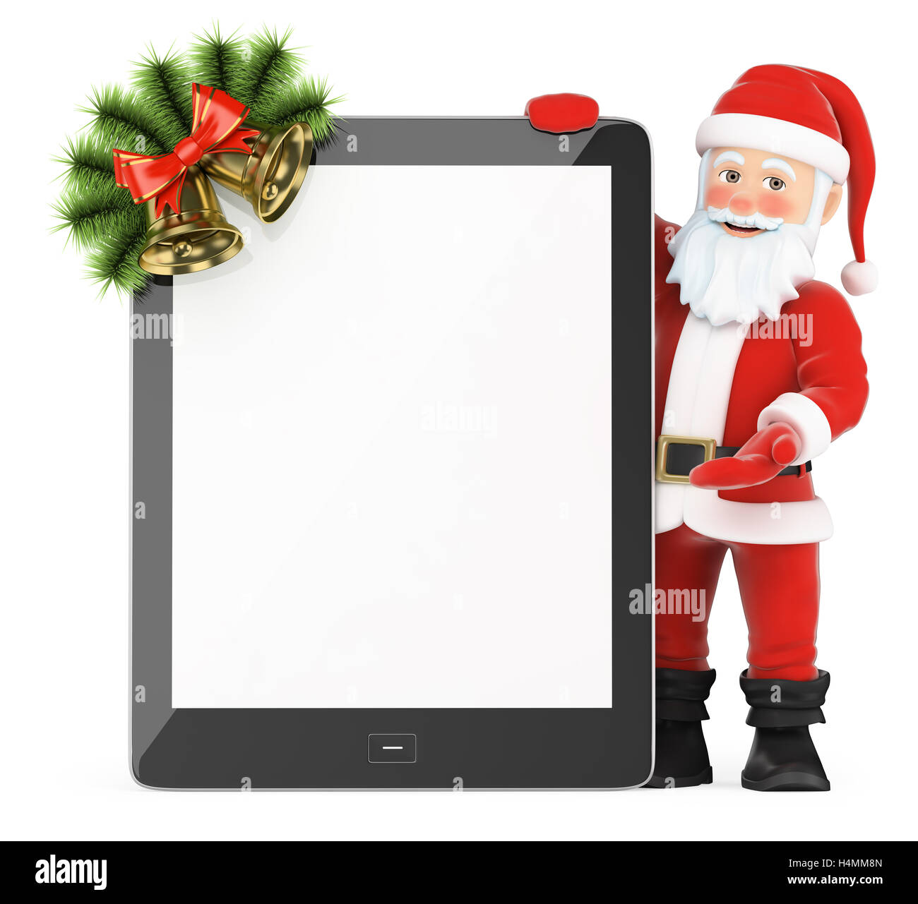 3d christmas people illustration. Santa Claus with blank screen tablet ...