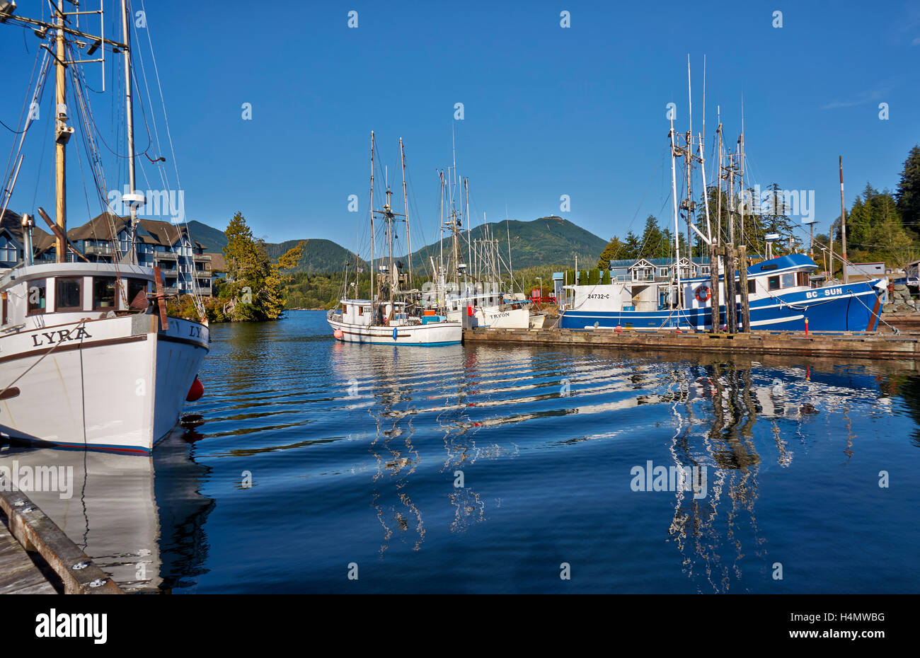 Vessels in harbor of Ucluelet, Vancouver Island, British Columbia, Canada Stock Photo