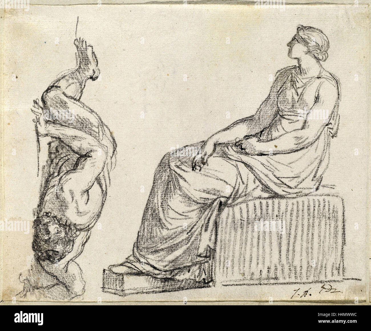 Jacques-Louis David, Seated Woman and Man Sprawling on the Ground, French, 1748 - 1825, 1775-80, black chalk on laid paper Stock Photo