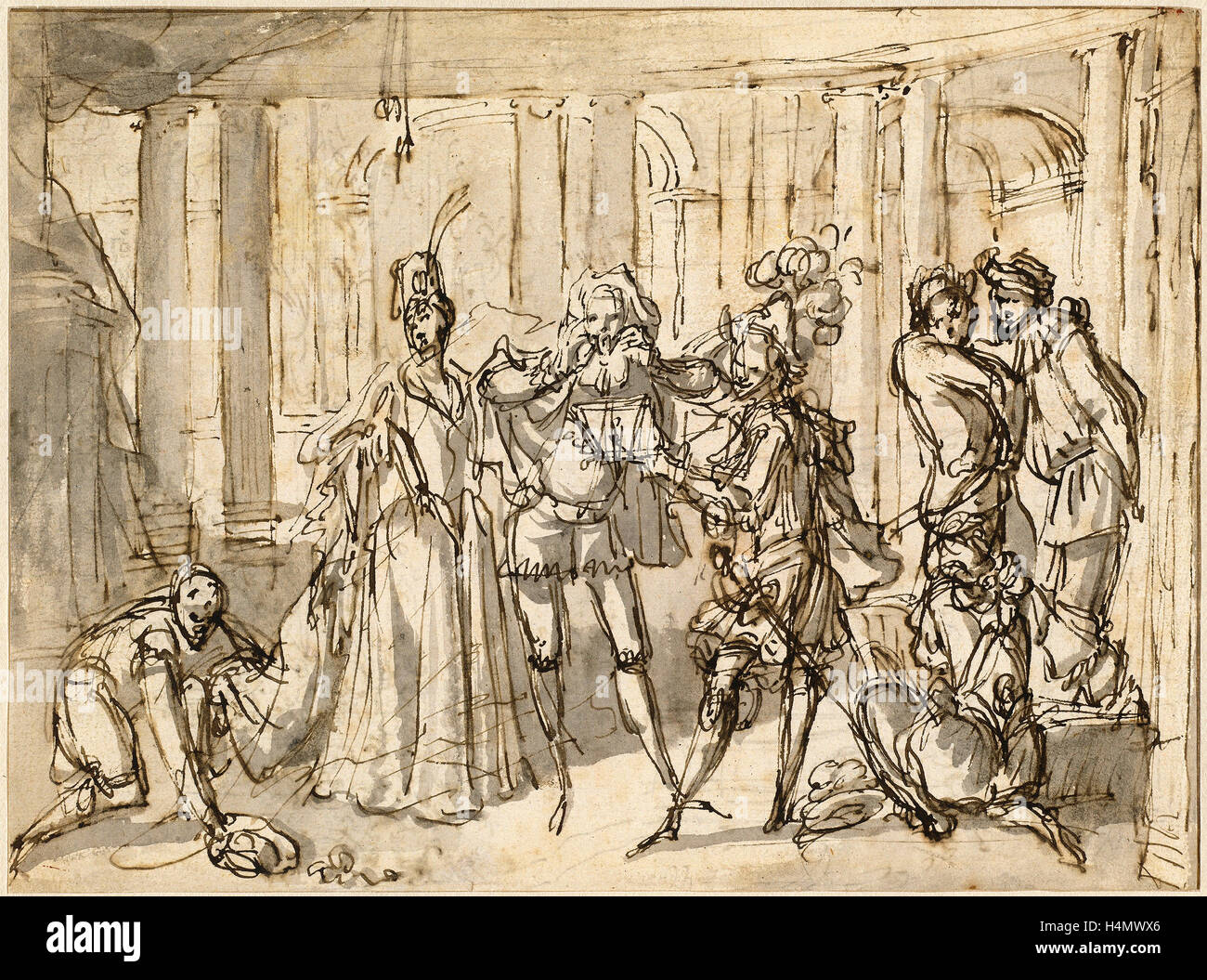 Claude Gillot, A Performance by the Commedia dell'Arte, French, 1673 - 1722, c. 1710, pen and brown ink with gray wash Stock Photo