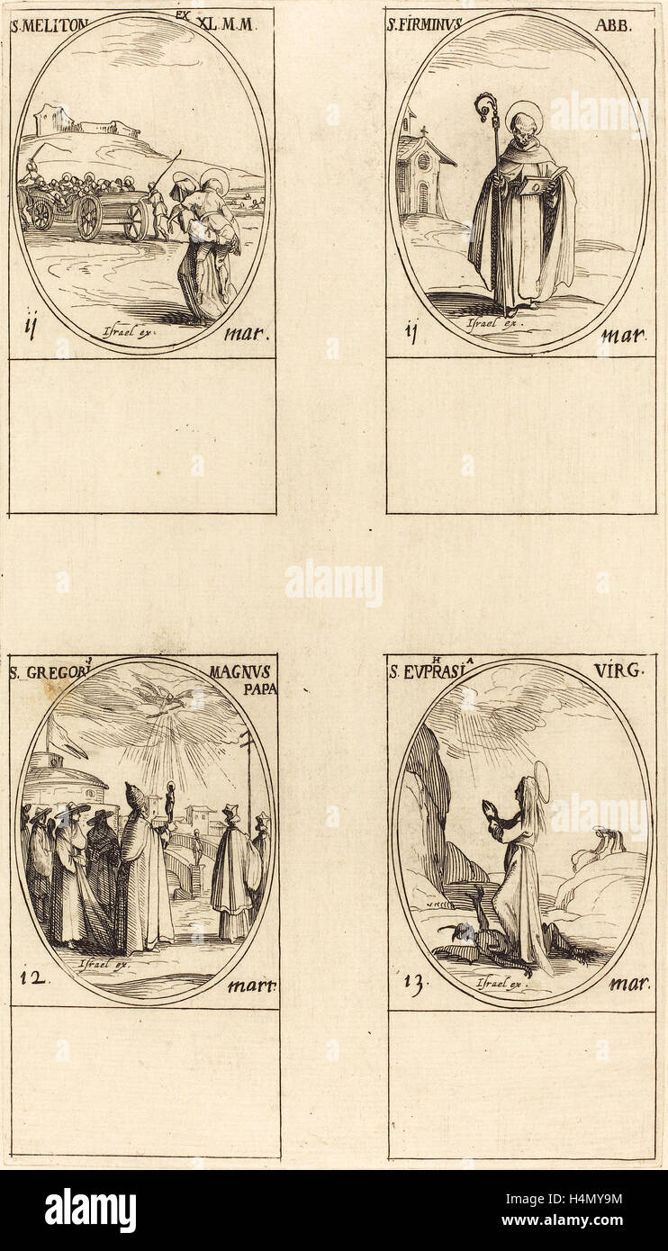 Jacques Callot (French, 1592 - 1635), St. Meliton; St. Firminus; St. Gregory the Great; St. Euphrasia, etching Stock Photo