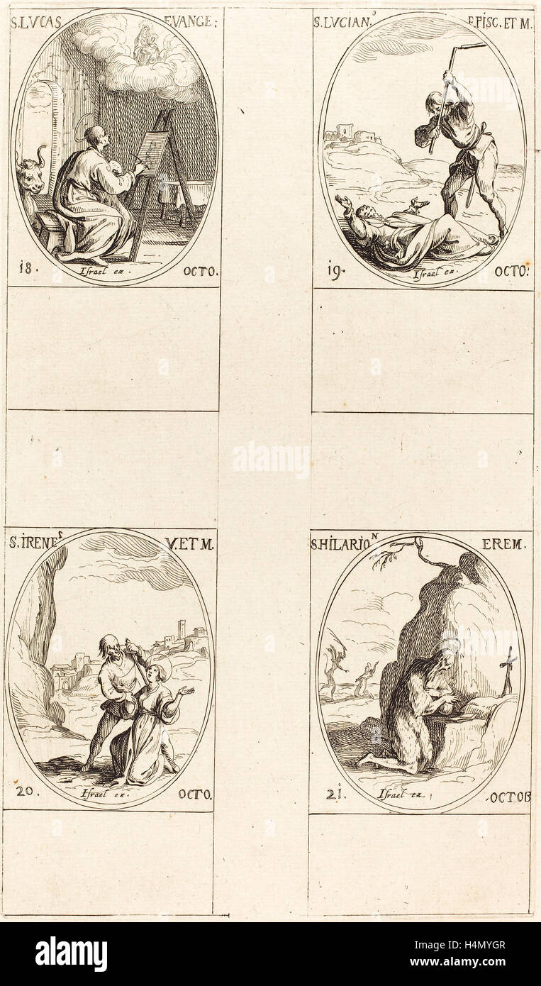 Jacques Callot (French, 1592 - 1635), St. Luke; St. Lucian; St. Irene; St. Hilarion, etching Stock Photo