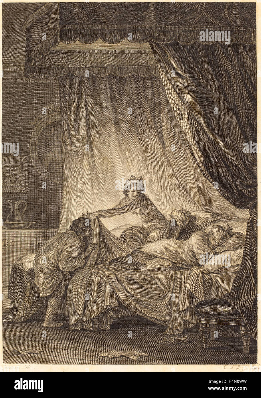 Charles Louis Lingée after Jean-Honoré Fragonard (French, 1748 - 1819), Joconde: Le lit, etching