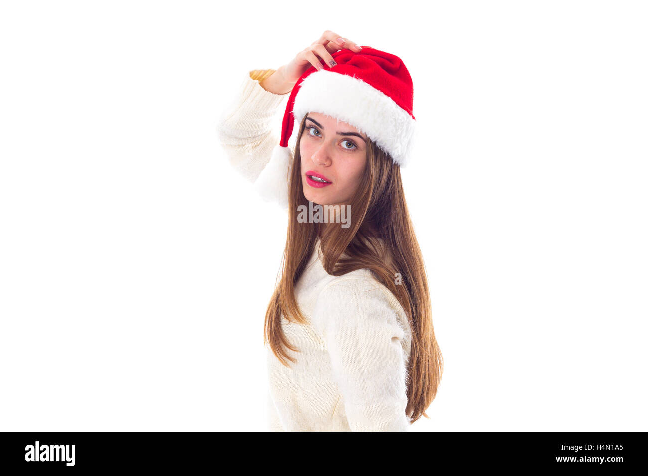 Woman in red christmas hat Stock Photo Alamy