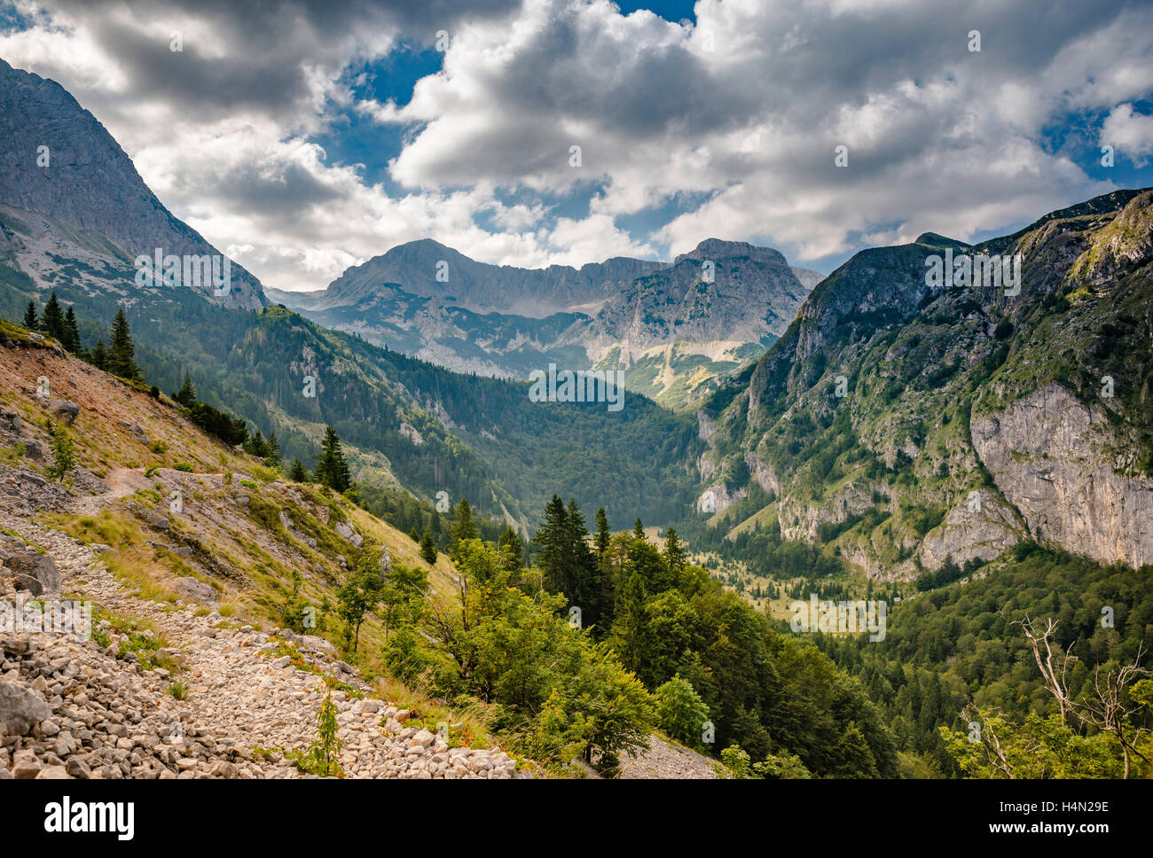 Trnovacki Durmitor massif, from trail in Sutjeska National Park, Bosnia and Herzegovina, to Trnovacko Lake in Montenegro Stock Photo