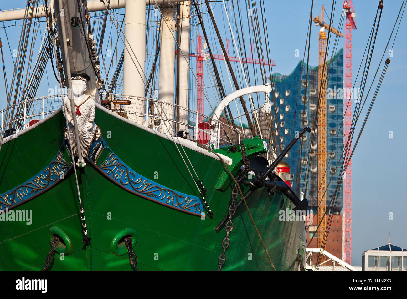 Historical sailing Ship in the Port of Hamburg at Landungsbruecken Stock Photo