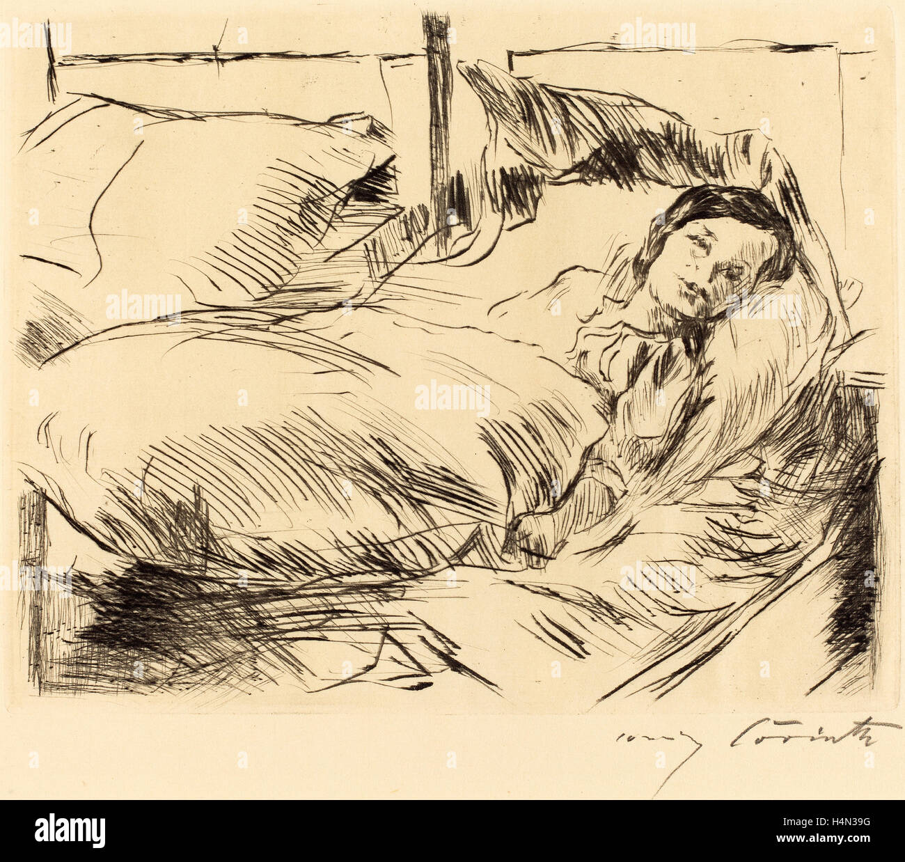 Lovis Corinth, The Sick Child (Das Kranke Kind), German, 1858 - 1925, 1918, drypoint in black on laid paper Stock Photo