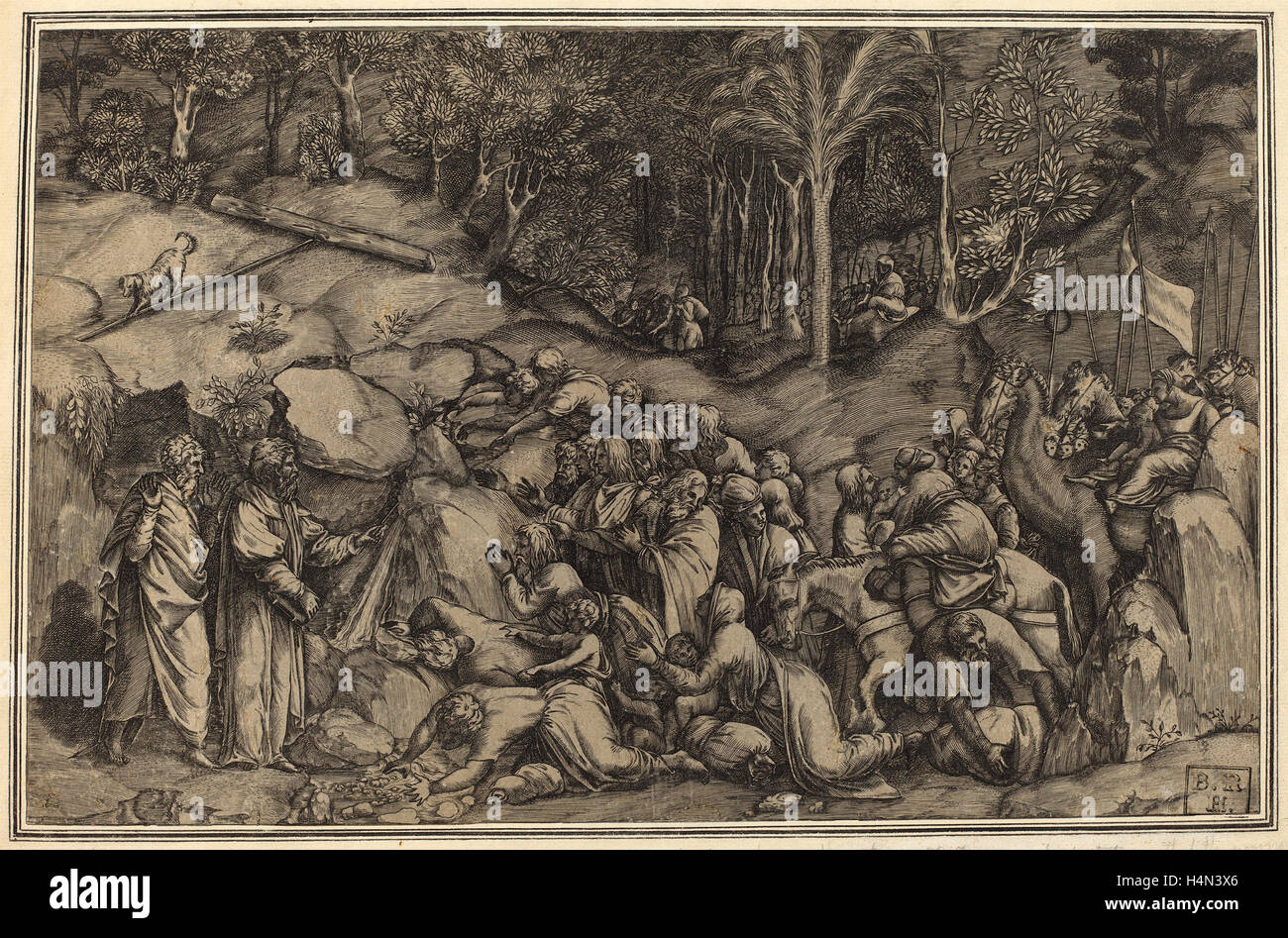 Lorenzo de Musi (Italian, active 1554), Moses Striking the Rock, engraving Stock Photo