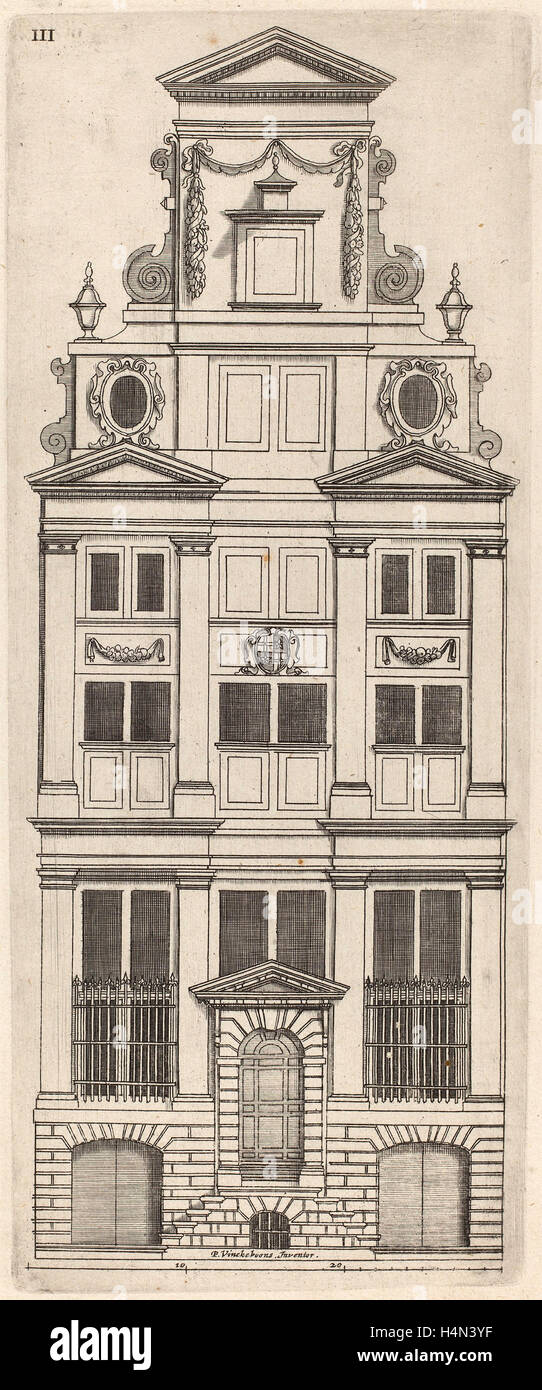 Vignola (author) and anonymous engraver after Philips Vingboons (Italian, 1507 - 1573), Dutch Facade Elevation: pl. 3, c. 1642 Stock Photo