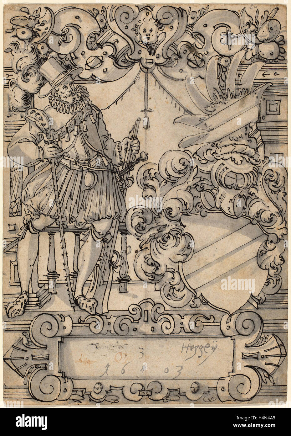 Hans Jegli II (Swiss, 1580 - 1643), A Donor with a Coat of Arms (Schildbegleiter und Wappenschild mit Schrägbalken), 1603 Stock Photo
