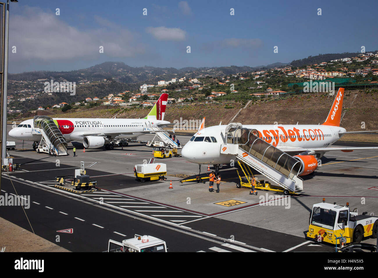 Eastjet & TAP Portugal Airlines A320 Planes at Madeira Airport, Funchal Stock Photo