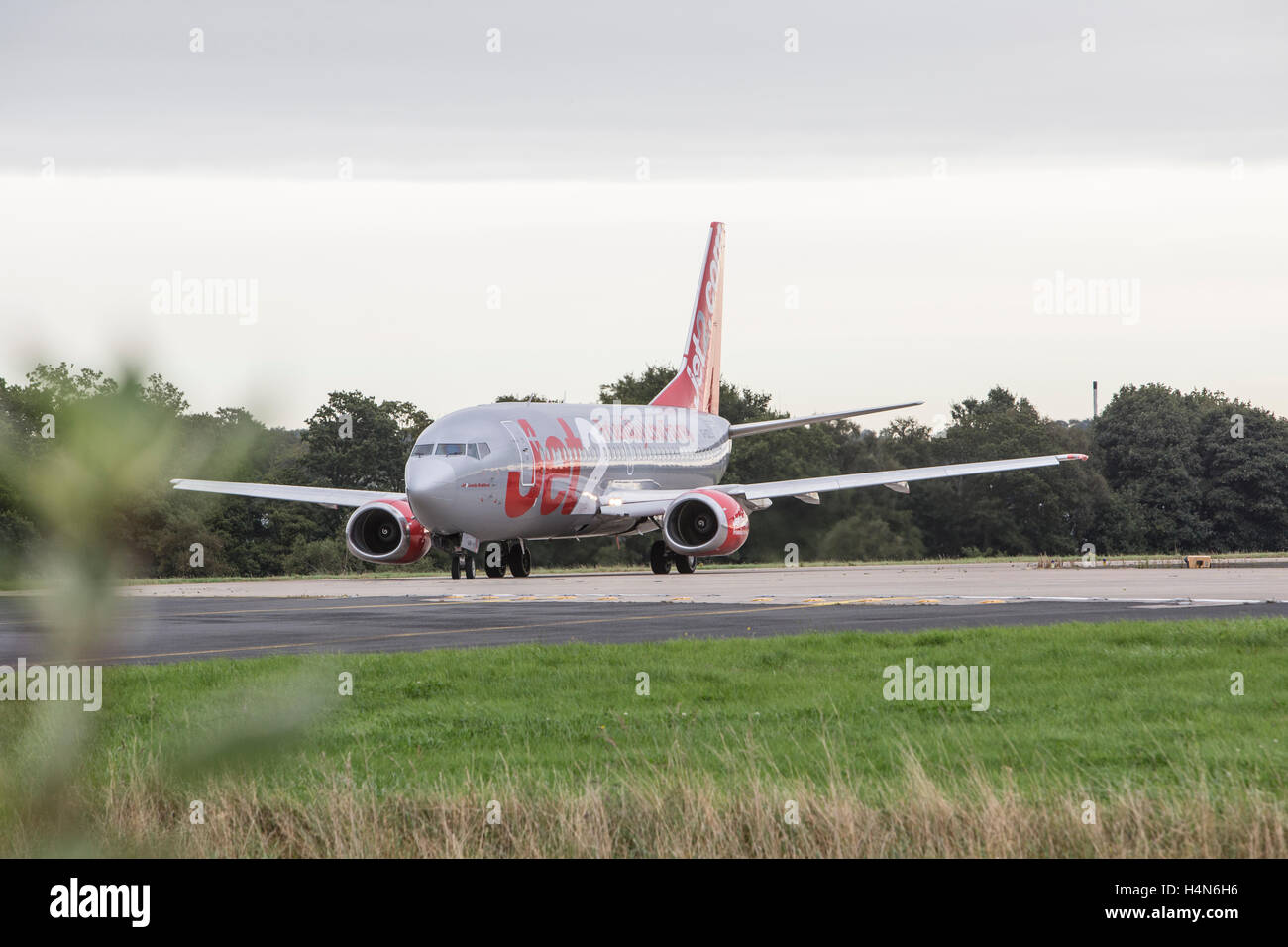 Boeing 737377 taxiing at Leeds & Bradford Airport Stock