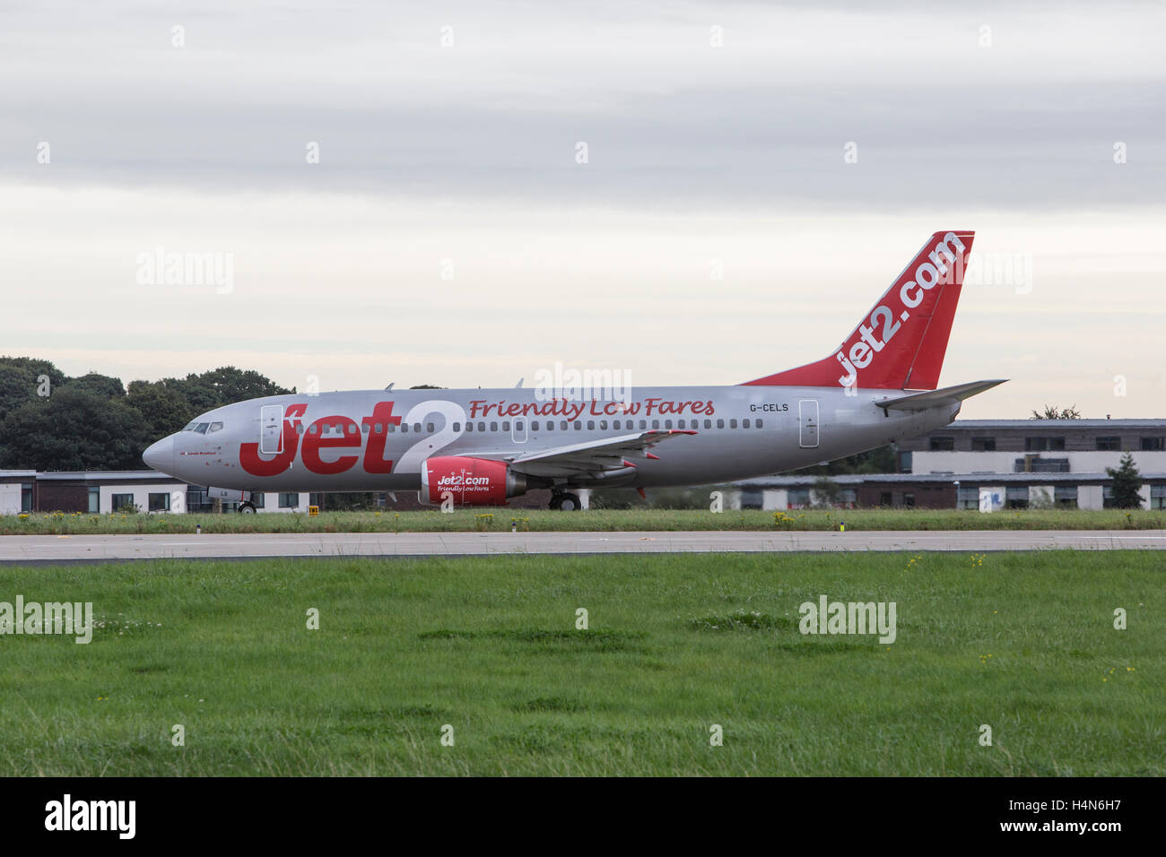 Boeing 737377 taxiing at Leeds & Bradford Airport Stock