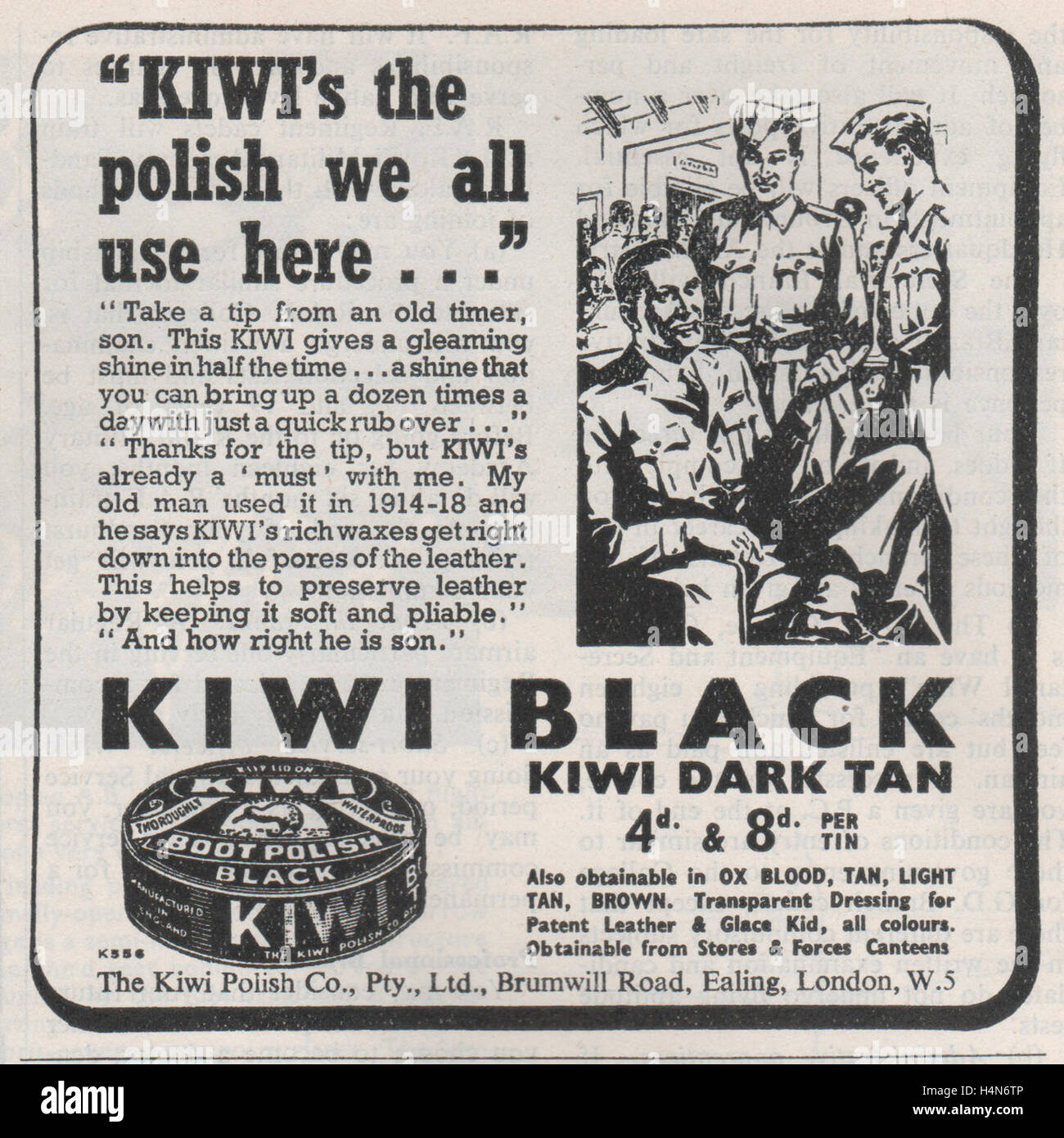 Vintage Kiwi shoe polish magazine advertisement with the strap line showing RAF personnel  discussing the merits of using Kiwi polish published February 1947. Stock Photo