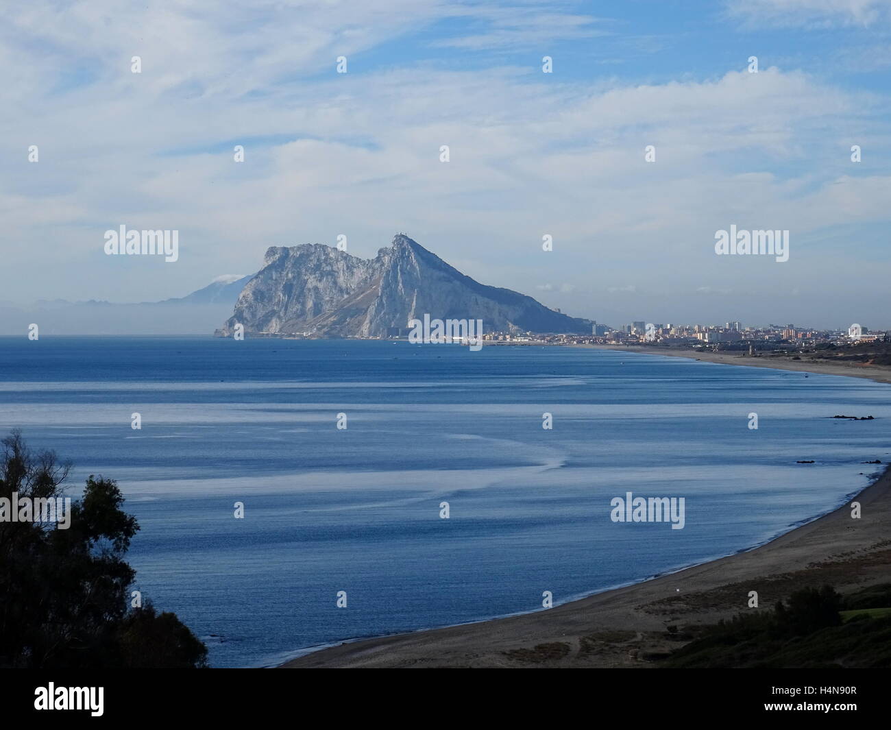 Gibraltar viewed across the sea from southern Spain with Africa in the distance Stock Photo