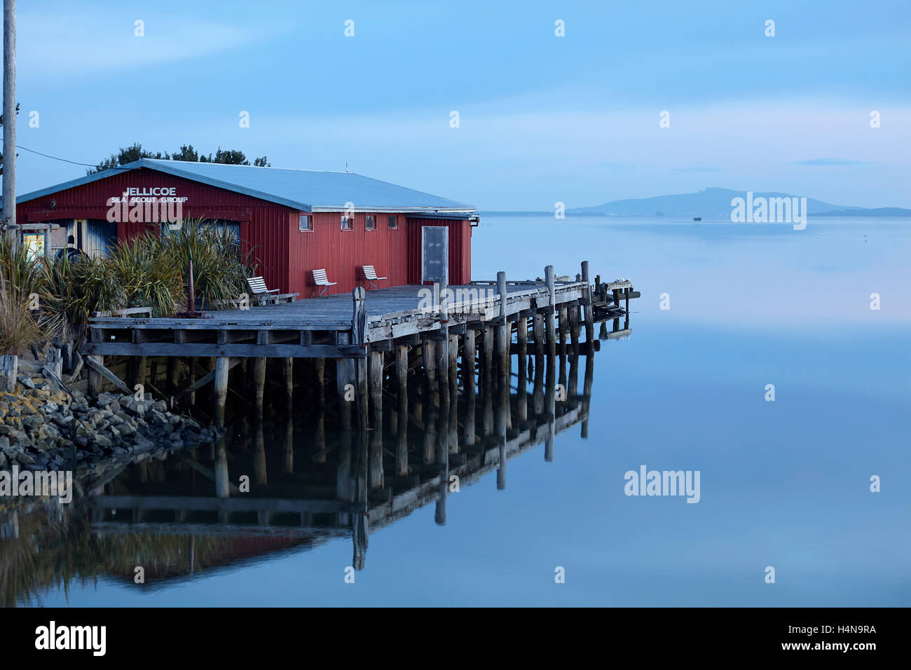 Jellicoe Sea Scout Building and New River Estuary at dusk, Invercargill, Southland, South Island, New Zealand Stock Photo