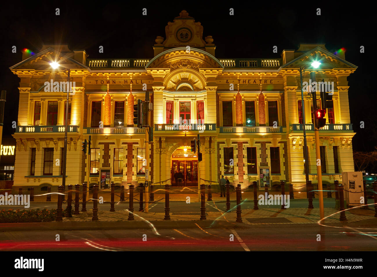 Town Hall and Civic Theatre (1906) at night, Invercargill, Southland, South Island, New Zealand Stock Photo
