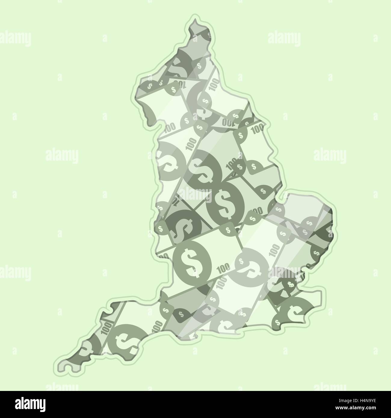 Map England covered in money, bank notes of one hundred dollars. On the map there is glass reflection. Conceptual. Stock Vector