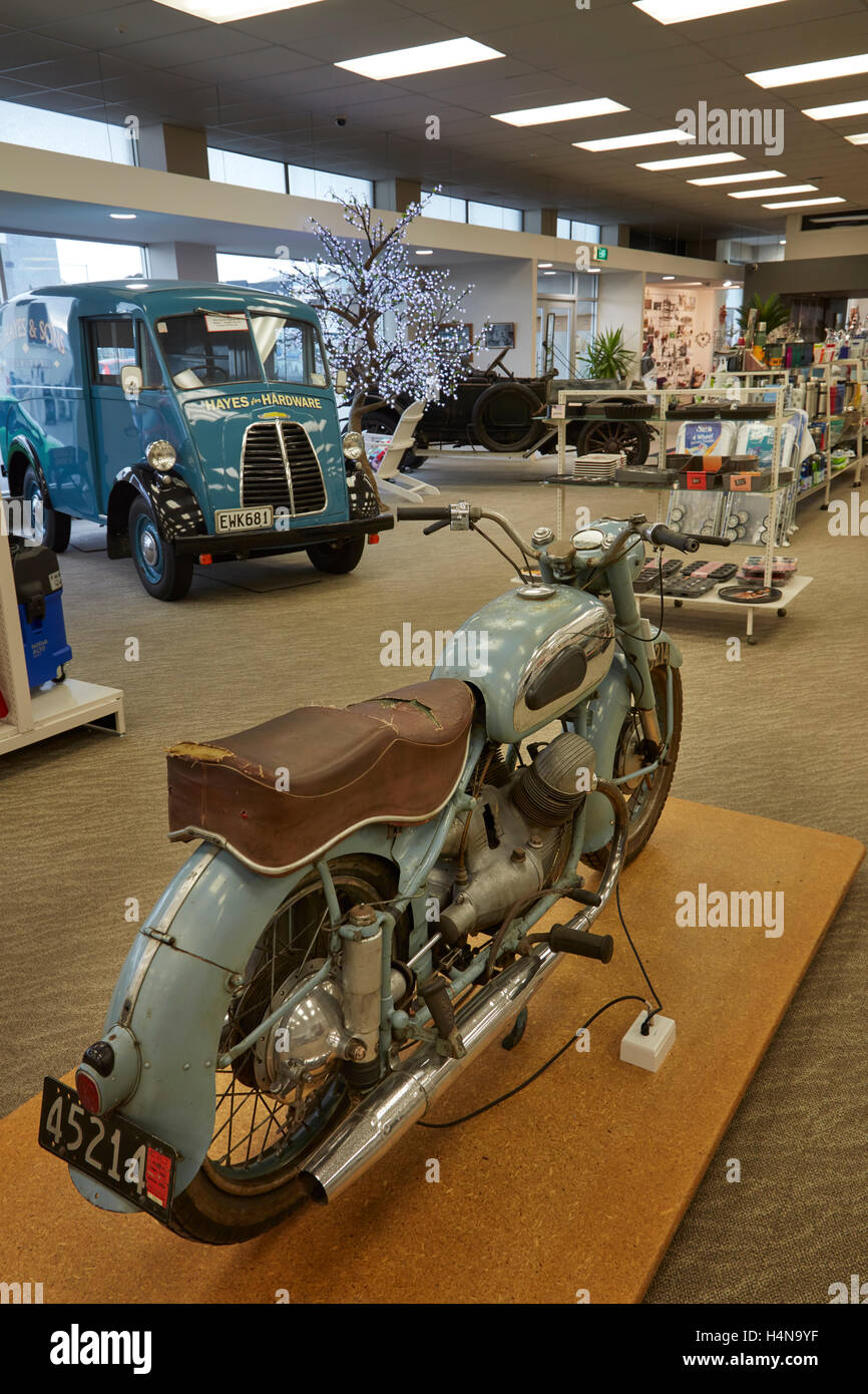 Vintage motorcycle and van displayed in E Hayes and Sons hardware shop,  Invercargill, Southland, South Island, New Zealand Stock Photo - Alamy