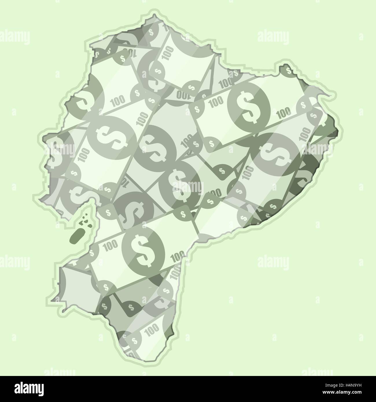 Map Equator covered in money, bank notes of one hundred dollars. On the map there is glass reflection. Conceptual. Stock Vector