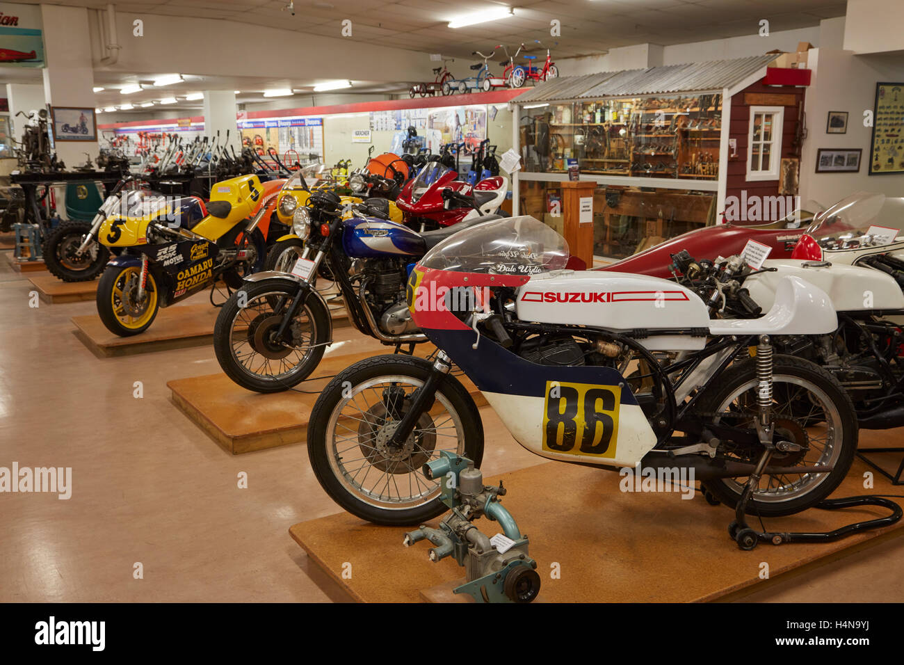 Motorcycle display in E Hayes and Sons hardware shop Invercargill Southland South Island New Zealand Stock Photo Alamy