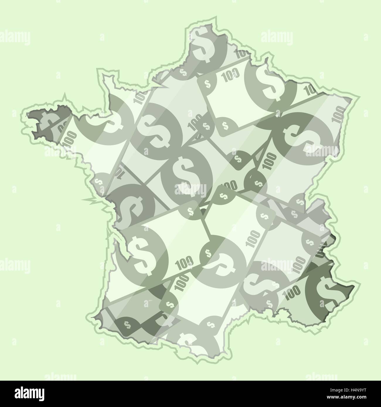 Map France covered in money, bank notes of one hundred dollars. On the map there is glass reflection. Conceptual. Stock Vector