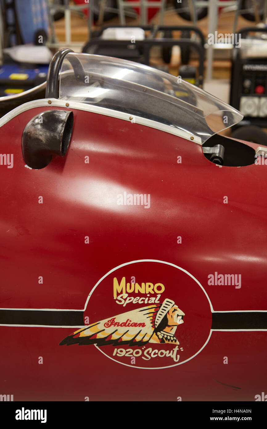 Munro Special Motorcycle ('World's Fastest Indian'), E Hayes and Sons hardware shop, Invercargill, Southland, New Zealand Stock Photo