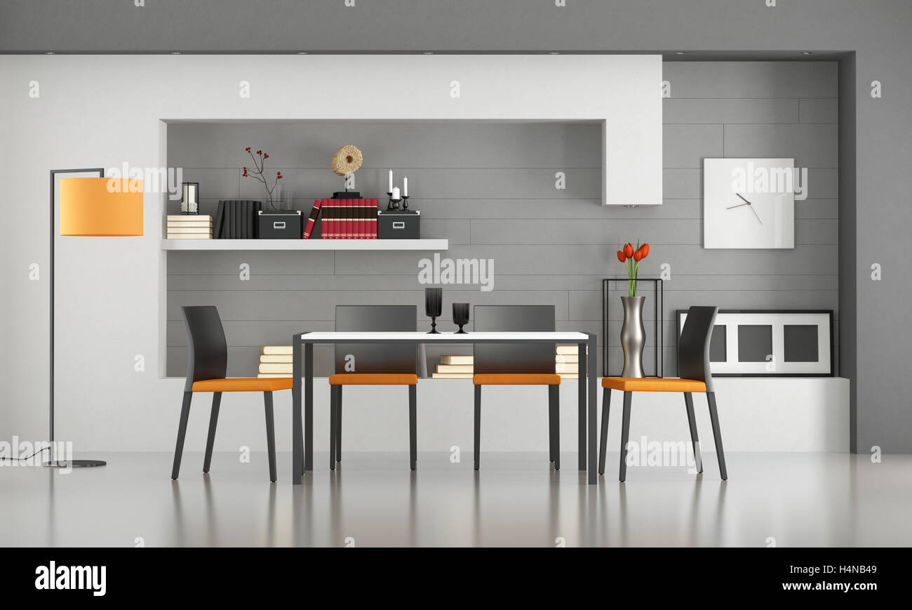 View of Contemporary dining room with minimalist table and chairs - 3d ...