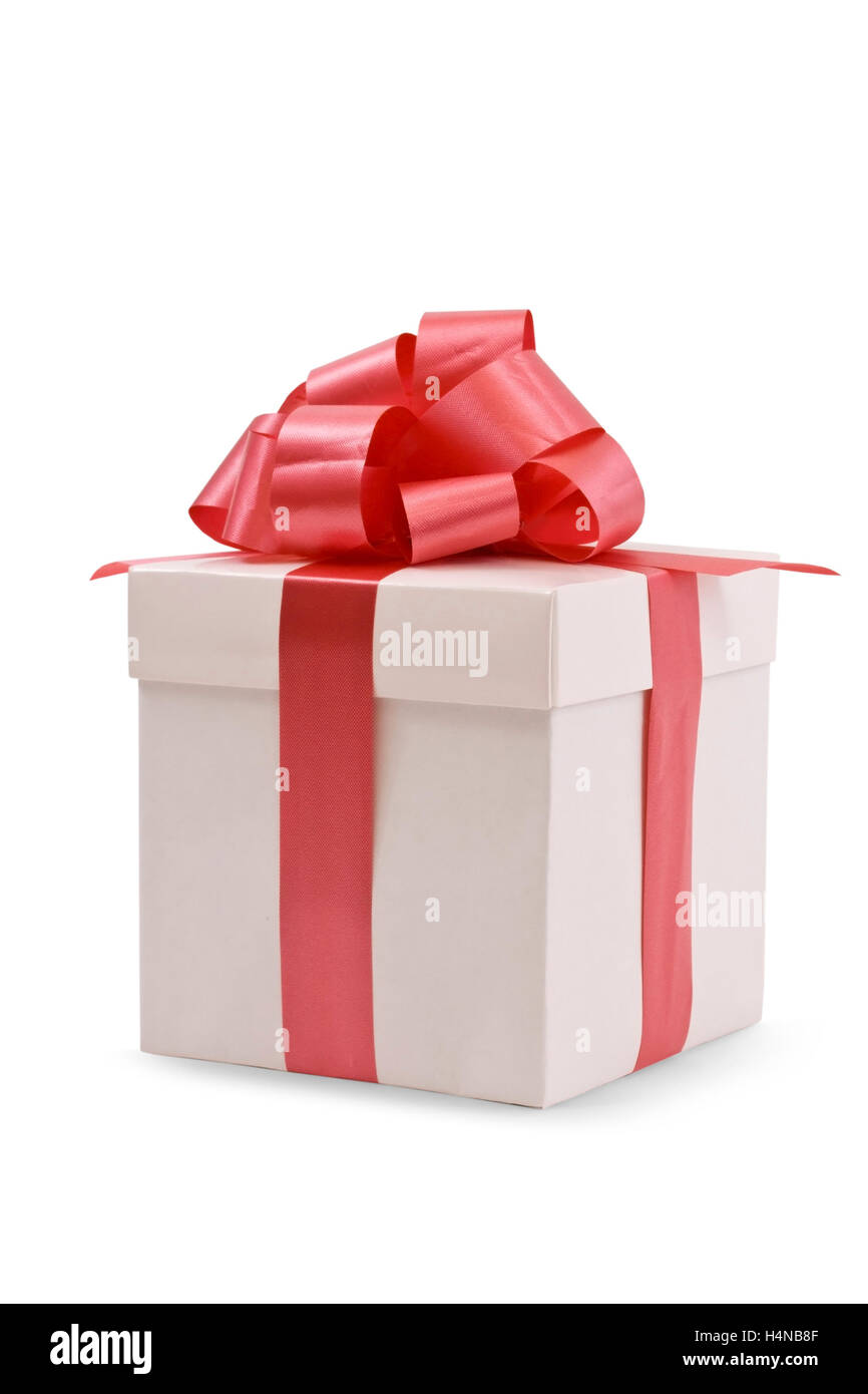 A white box tied with a red satin ribbon bow. A gift for Christmas ...