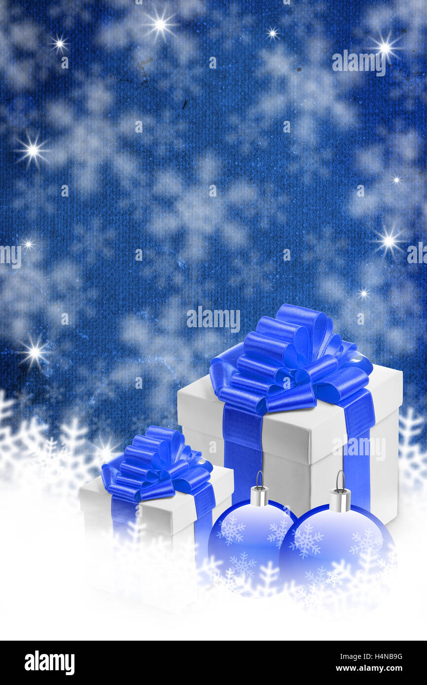 Blue background with snowflakes, baubles and gift Stock Photo