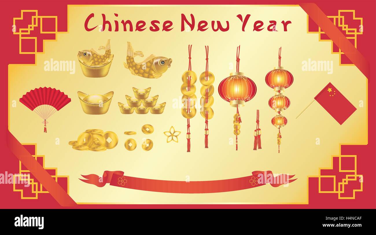 Chinese New Year card with chinese fan gold ingot Stock Vector