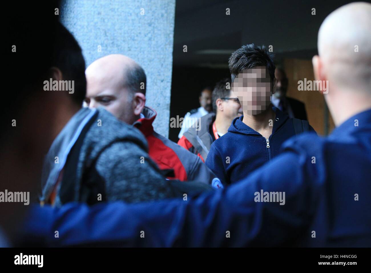 EDITORS NOTE PIXELATED BY PA PICTURE DESK BECAUSE WE ARE UNABLE TO VERIFY THE AGE OF THE INDIVIDUAL  A teenager who has arrived from the 'Jungle' camp in Calais leaves Lunar House in Croydon, south London. PRESS ASSOCIATION Photo. Picture date: Monday October 17, 2016. See PA story POLITICS Calais. Photo credit should read: Jonathan Brady/PA Wire Stock Photo