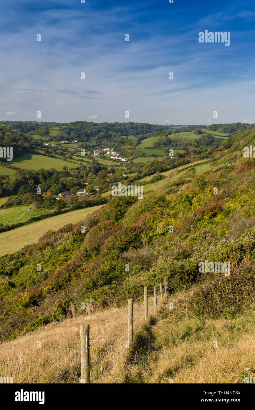 Branscombe village lies in a wooded valley or combe just off on the Jurassic Coast of South Devon, England, UK Stock Photo