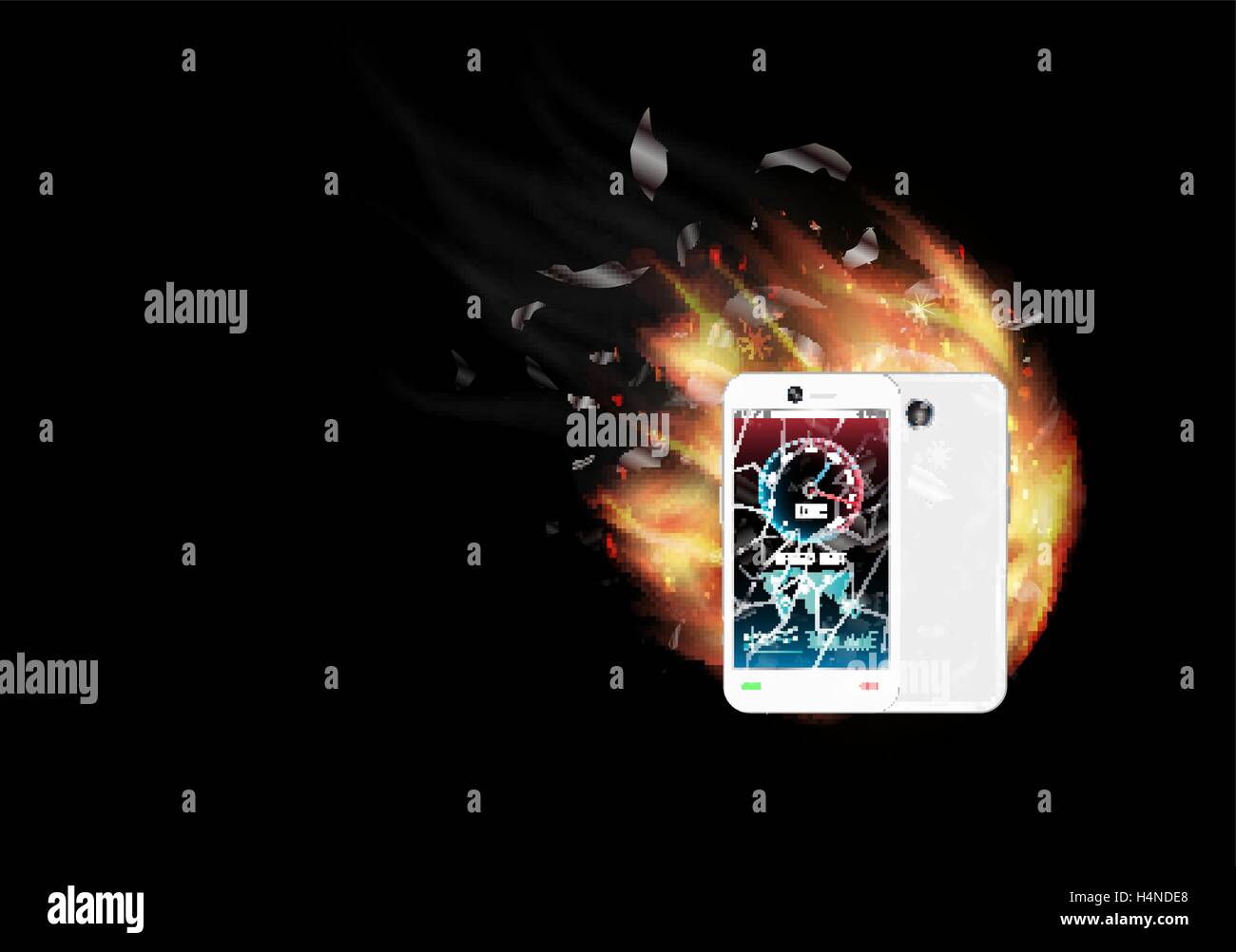 broken glass screen smartphone with speed test interface and burning ...
