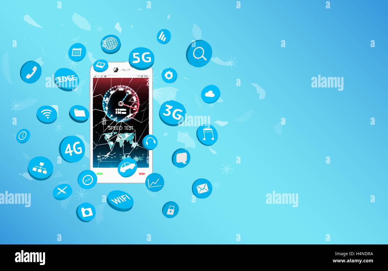 smartphone with speed test screen and apps icon floating Stock Vector ...