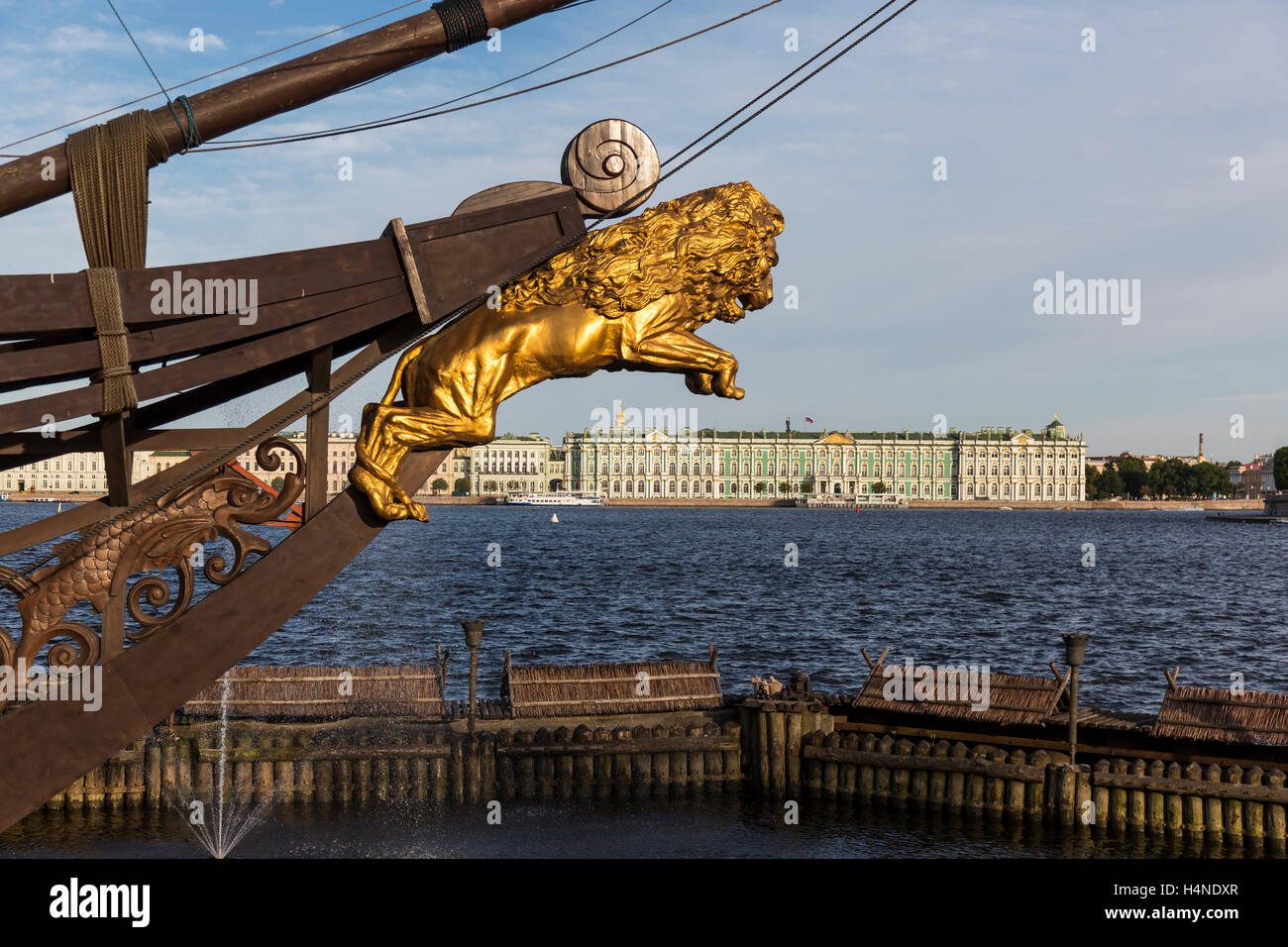 View of the Hermitage museum and and boat with a lion in the front