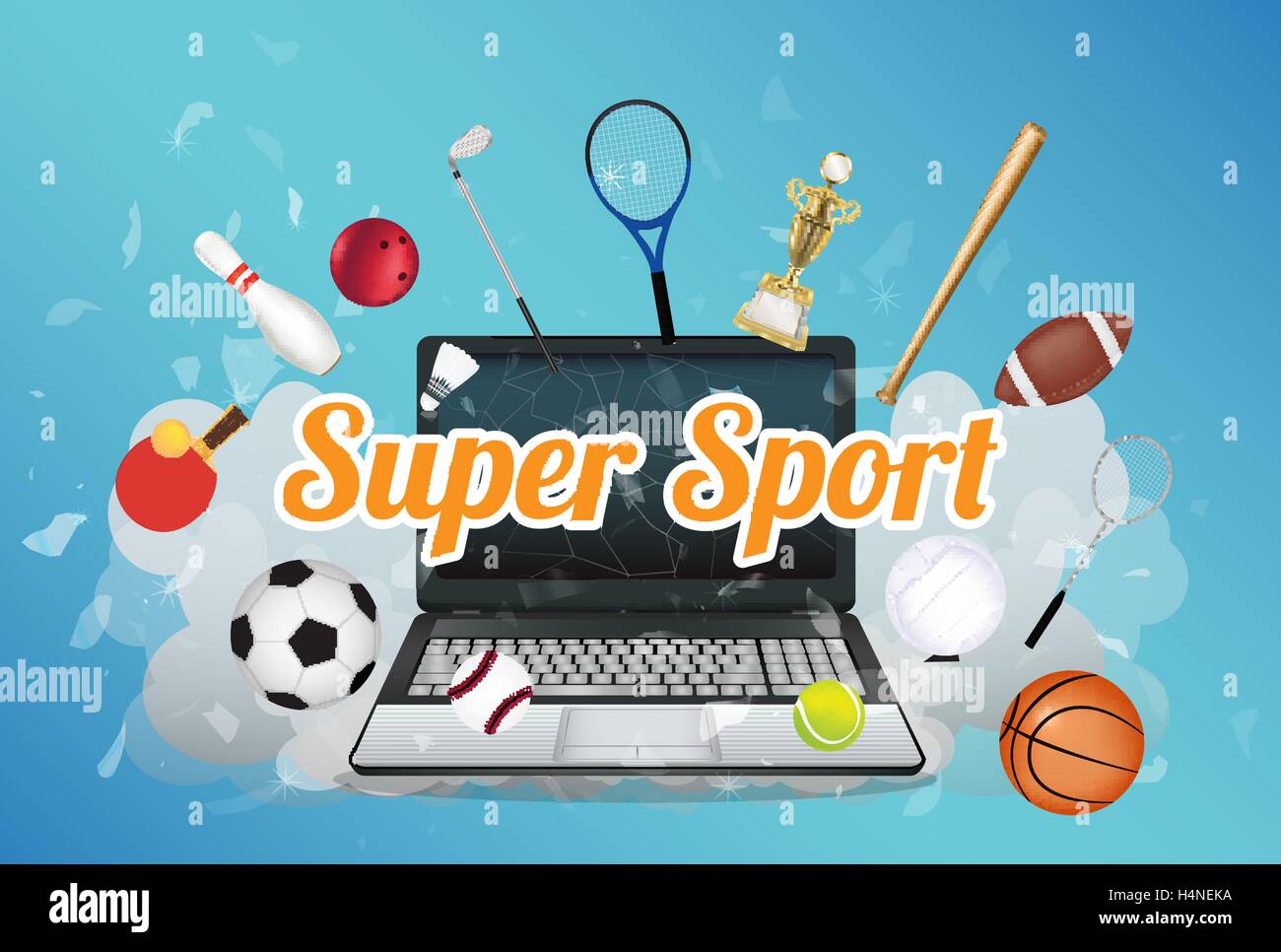Super Sport with sport equipment floating on exploded laptop Stock ...