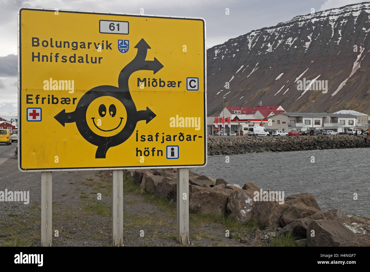 'Happy' roadsign, Isafjordur, Isafjordardjup, Westfjords, Iceland. Stock Photo