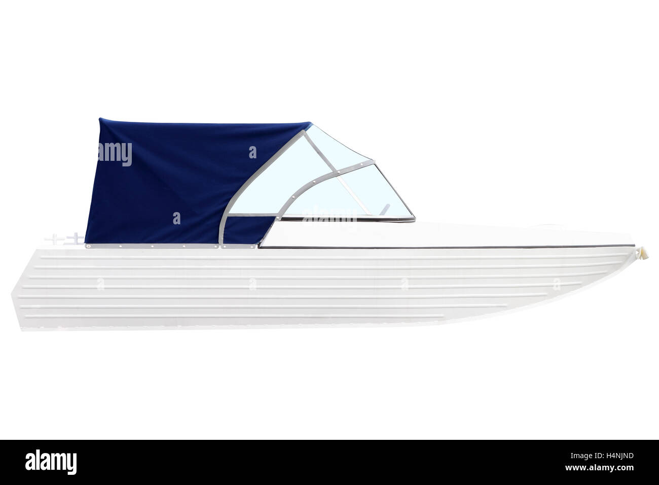 Boat with a blue awning isolated on white background. Stock Photo