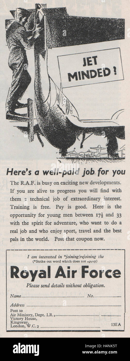 Vintage Royal Air Force recruitment advertisement published in the Air Reserve Gazette of February 1947. Showing a RAF mechanic working on a Gloster Meteor jet fighter of the period. Stock Photo