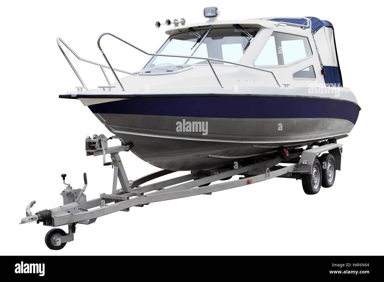 Blue cabin boat loaded on the trailer for transportation Stock Photo Alamy