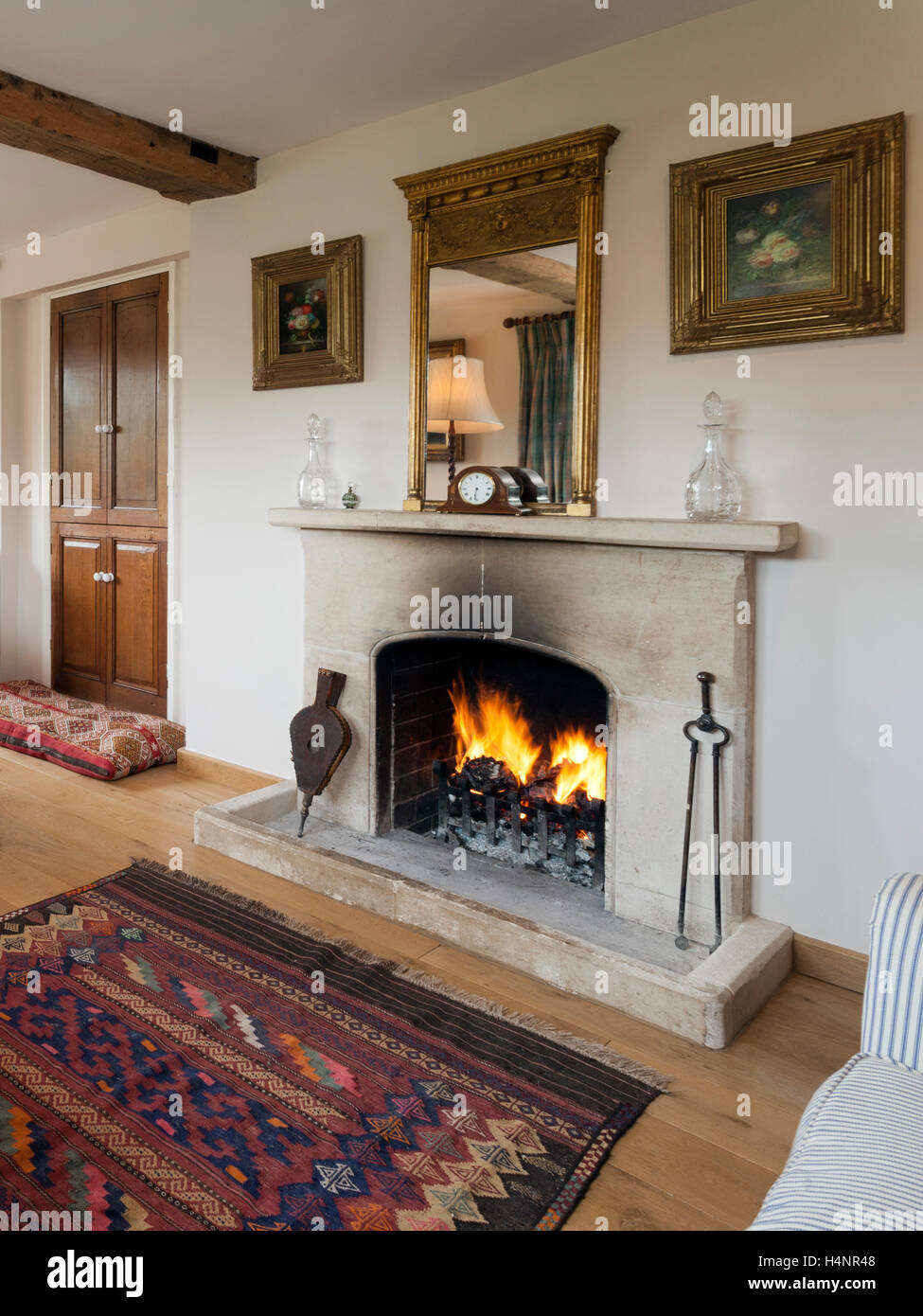 Roaring Fire In A Period Open Fire Fireplace Stock Photo