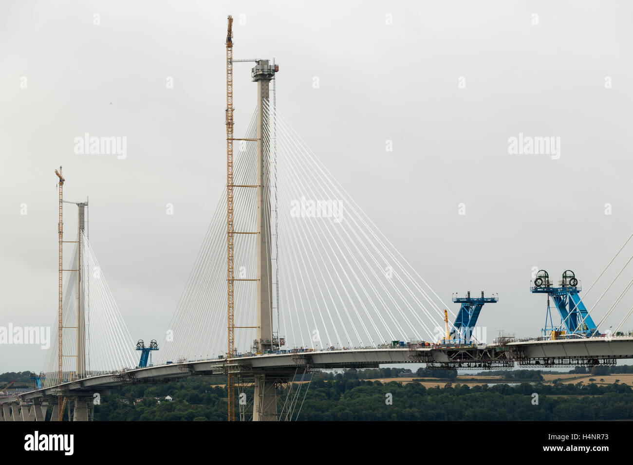The Forth Road Bridge and Queensferry Crossing during construction, North Queensferry, Fife, Scotland. Stock Photo