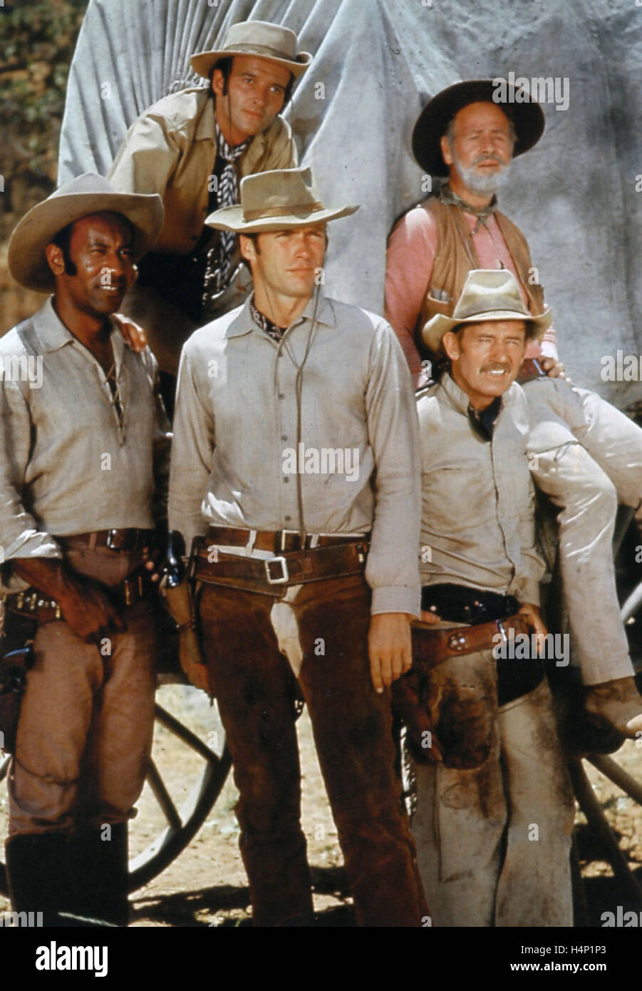 RAWHIDE  CBS TV western series 1959-1965 from left: Raymond St Jacques, Eric Fleming, Clint Eastwood, Paul Brinegar, Steve Raines Stock Photo