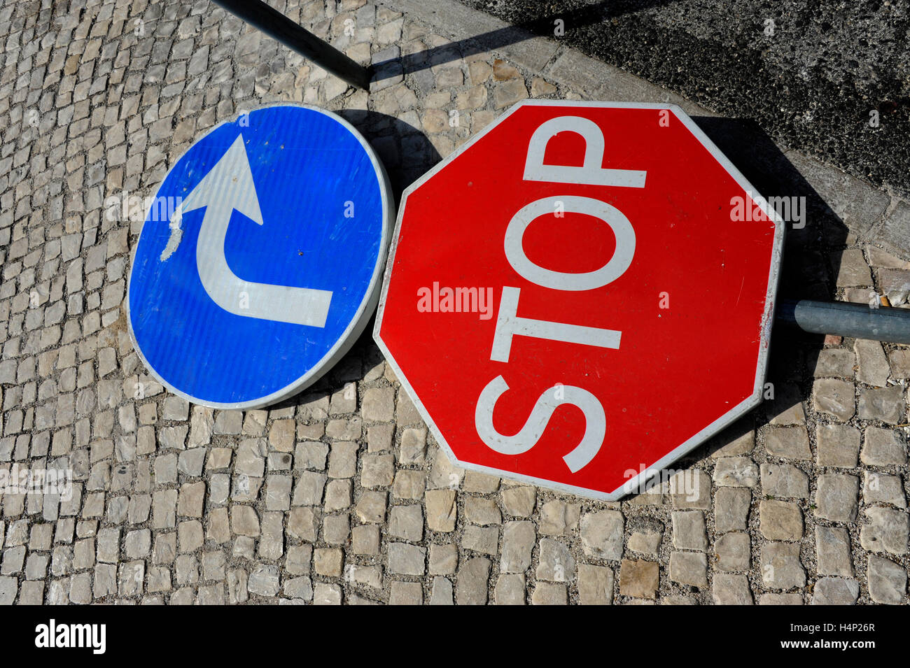 Road sign broken, Belem harbour, Lisboa, Lisbon, Portugal Stock Photo