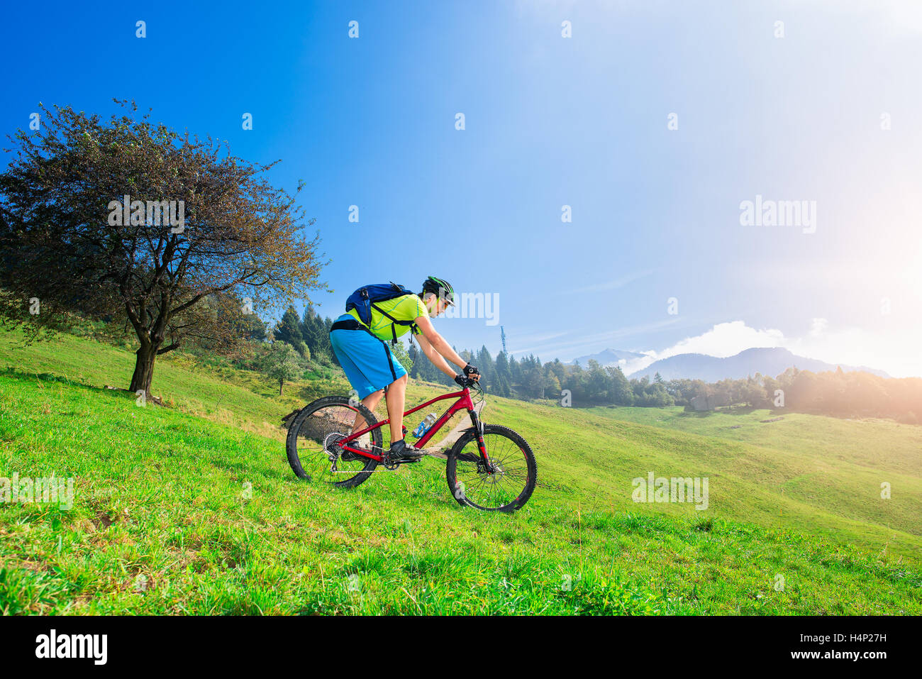 A young male riding a mountain bike downhill in the meadow Stock Photo