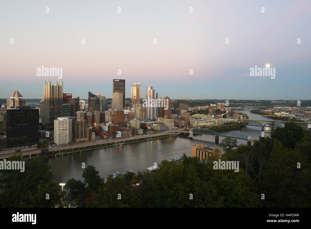 USA Pittsburgh PA Pennsylvania Skyline at dusk night building highrise sky scrapers Stock Photo