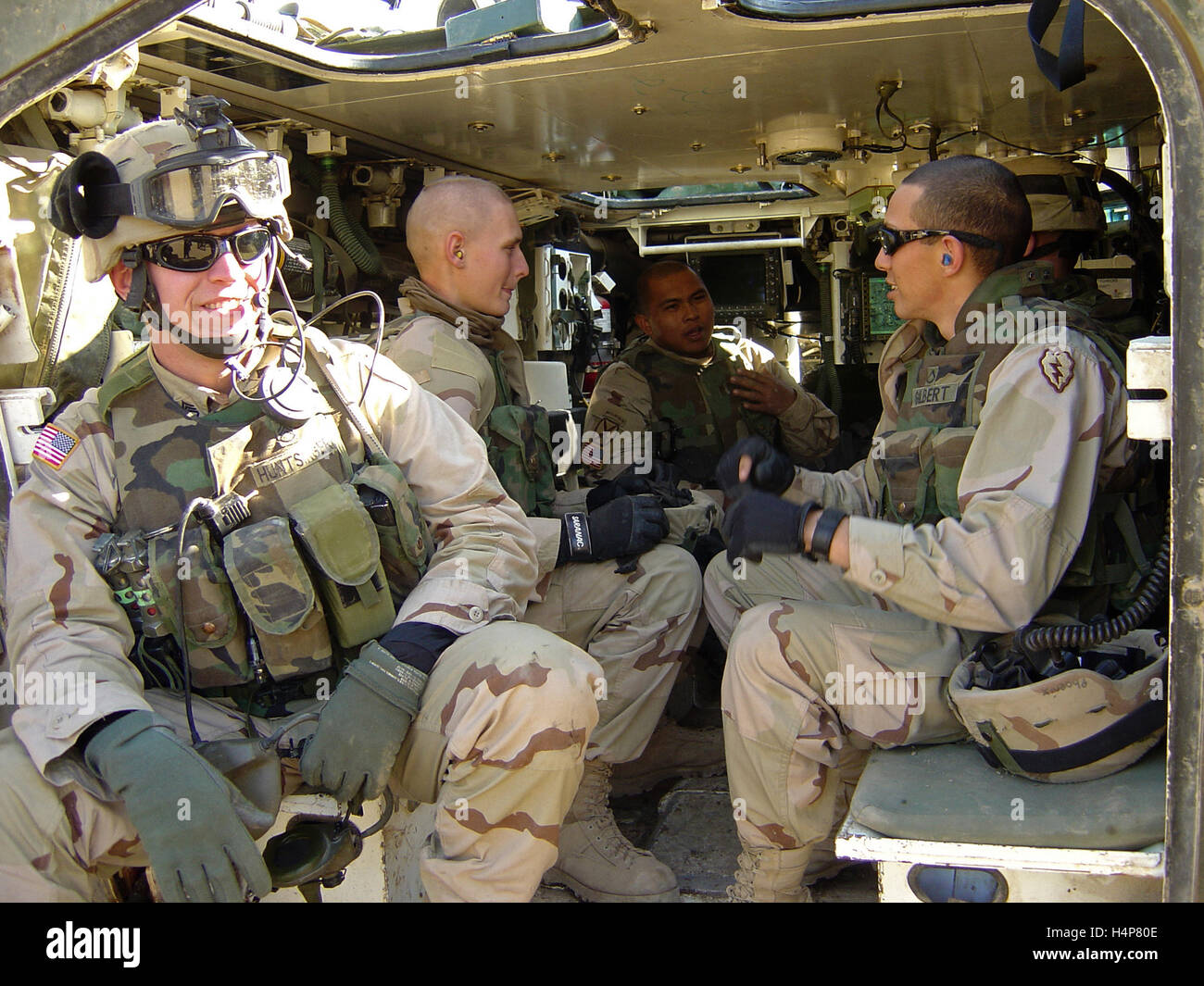 25th November 2004 U.S. Army soldiers of Deuce Four & 10th Mountain Division inside a Stryker ICV at FOB Marez, Mosul, northern Iraq. Stock Photo