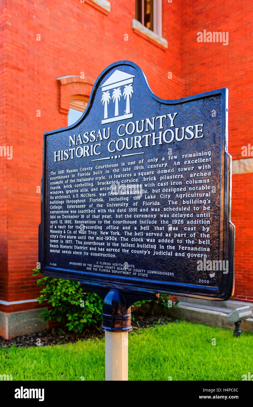 Nassau County Historic Courthouse sign on Centre Street in downtown Fernandina Beach City in Florida Stock Photo