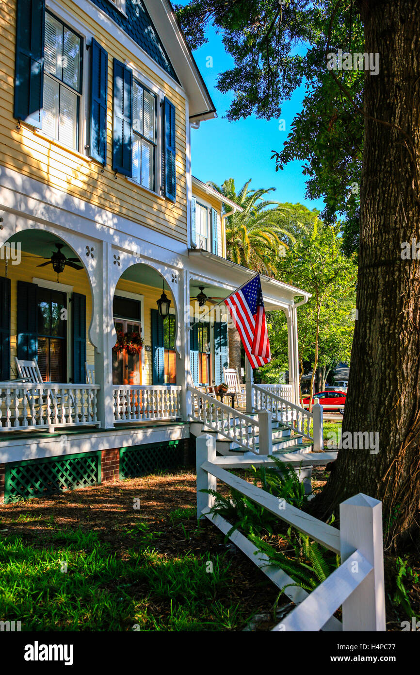Patriotic home on the corner of S 3rd and Ash Street in the historic district of Fernandina Beach City in Florida Stock Photo